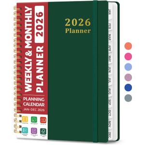 2 x 2026 Planner, Weekly and Monthly Calendar Planner, January 2026 - December 2026, Hardcover 2026 Calendar Book with Tabs For Women & Men, Inner Pocket, Spiral Bound, Perfect for Office Home School Supplies - A5 (6.3" x 8.5"), Dark Green
