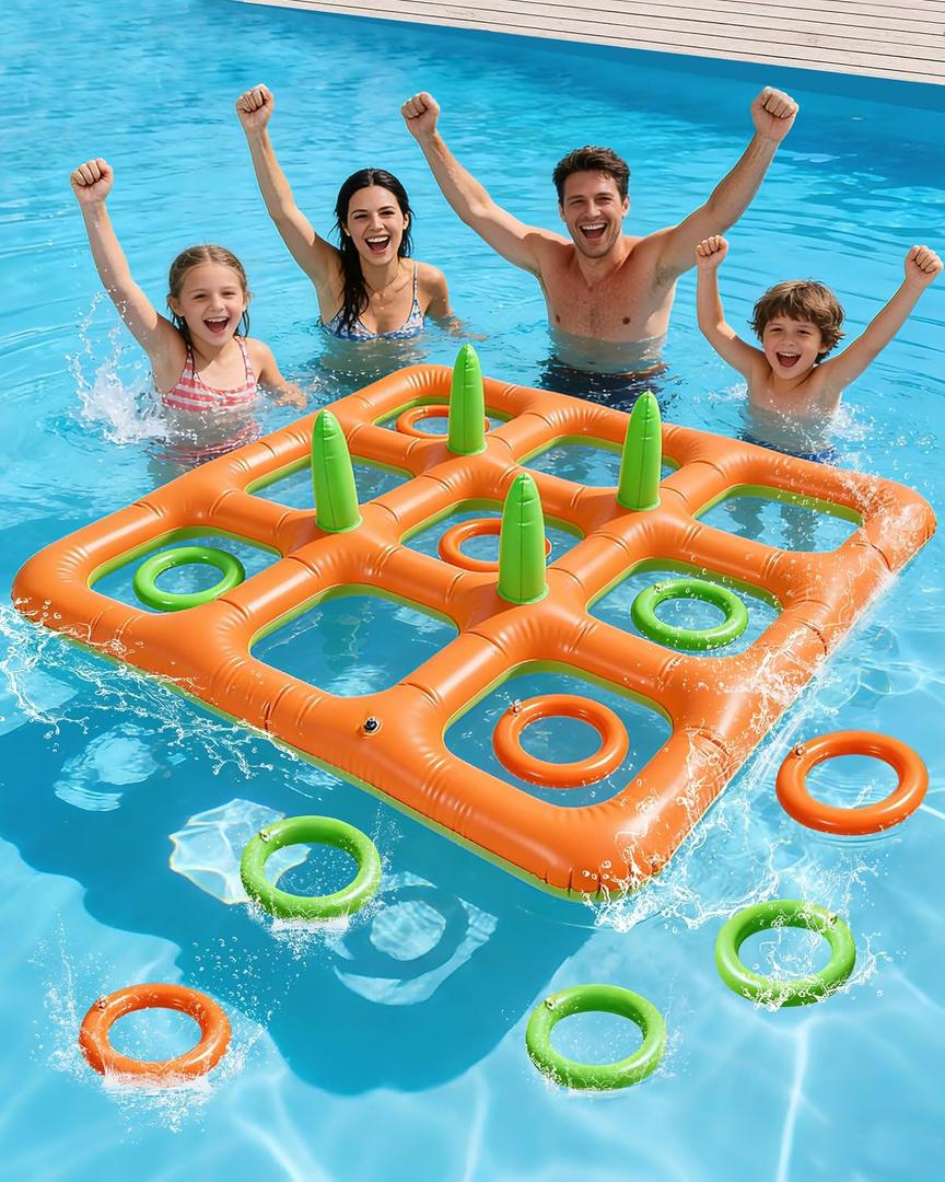 4.9FT Giant Inflatable Tic Tac Toe Pool Game – 2-in-1 Ring Toss Pool Toys for Adults Kids, Floating Summer Pool Party Games for Family, Beach, Backyard (2–10 Players), Extra Large