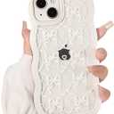 NITITOP Compatible for iPhone 13 / iPhone 14 Case Cute Clear Wavy Frame for Women Girl Bow Knot Pattern Curly Shape Shockproof Soft TPU 2 in 1 Phone Cover - White Bow