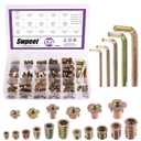 Swpeet 175Pcs M4 M5 M6 M8 M10 Metric Carbon Steel Color Zinc Plated Threaded Inserts Nuts and T-Nut 4 Pronged Tee Blind Nuts with Wrench Assortment Kit for Wood Furniture Bolt Fastener Screw Inserts