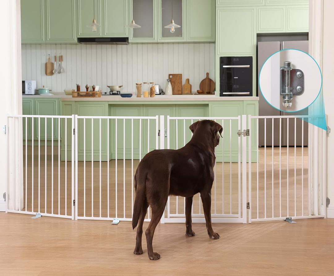 No Pawblems Free Standing Dog Gate with Door, 30'' Tall Foldable Dog Fence for Indoor & Outdoor, Up to 104 Inch Extra Wide Puppy Gate for Stairs, Hallways, Doorways, Deck, Yard (White, 4 Panels)