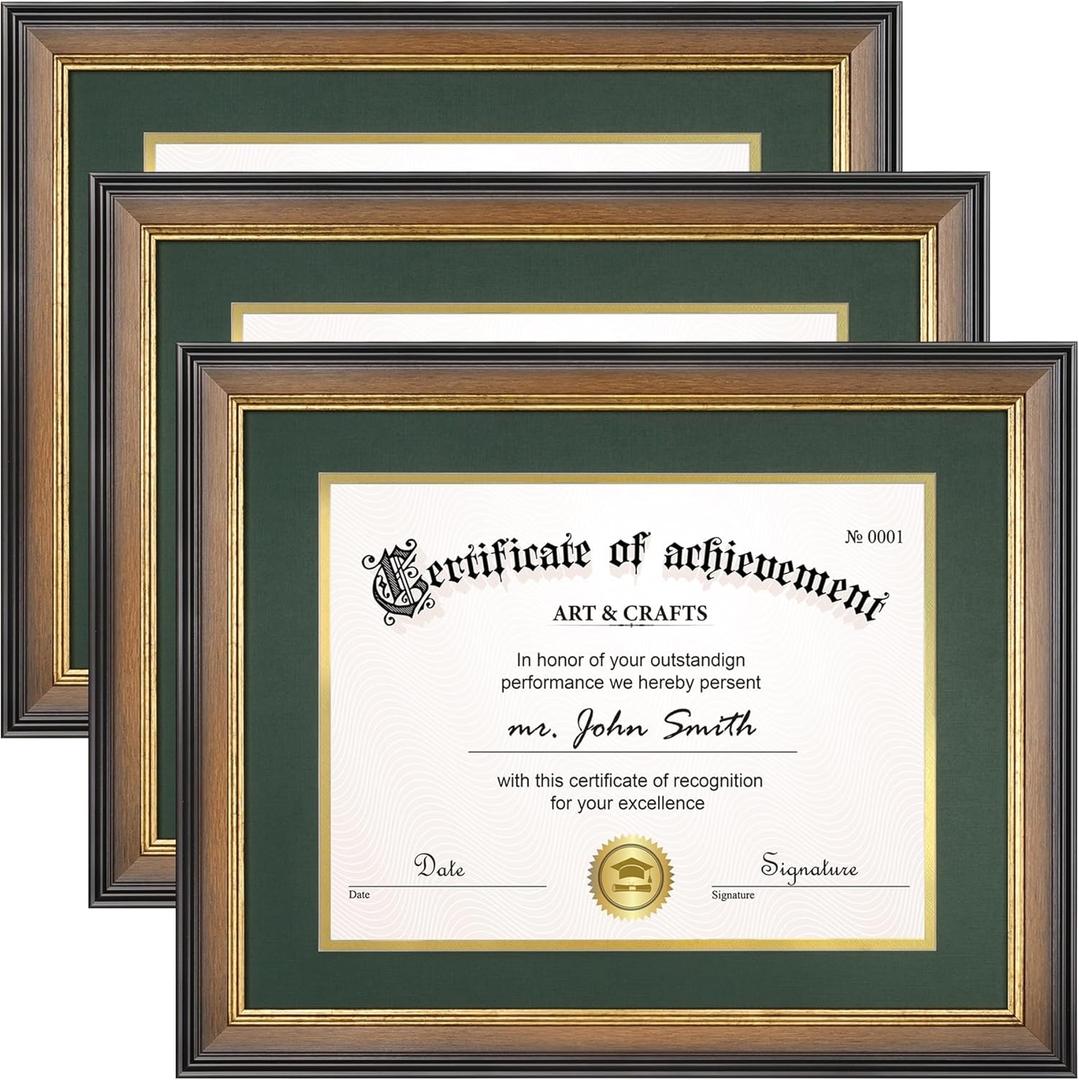 Yaetm 11x14 Diploma Frame with Mat for 8.5x11 Certificate, Document Frame with Green Over Gold Acid-free Mats & Tempered Glass, Tabletop or Wall Mount, 3 Pack, Walnut/Green