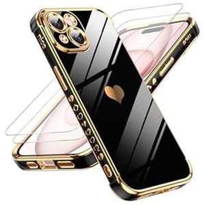 LeYi for iPhone 15 Case: with Tempered Glass Screen Protector [2 Pcs]+ Full Camera Lens Protection,Love Heart Plating Women Cute Luxury Soft TPU Shockproof Case for iPhone 15 Black