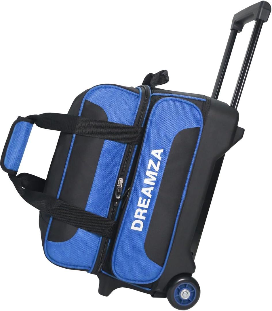 2 Ball Bowling Bag with Wheels, Double Bowling Ball Bag 2 Ball Roller w/Separate Compartment for Shoes Up to US Mens Size 16, w/Retractable Handle Extends to 40" & Accessories Pocket (Blue)