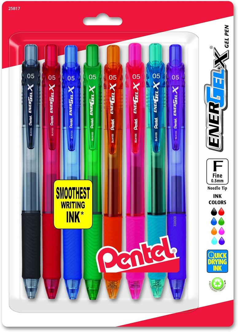 Pentel EnerGel-X Retractable Liquid Gel Pen, 0.5mm, Needle Tip, Assorted Ink, Pack of 8 (BLN105BP8M)