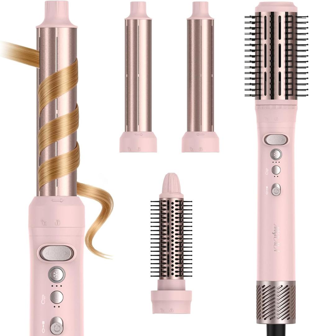 Rotating Hair Dryer Blow Brush, Multi Hot Air Styler Wrap, 105,000 RPM High-Speed Volumizing Spinning Blow Dryer Brush with Auto Curlers, Dry & Smooth & Curl & Volumize All in One (Pink)