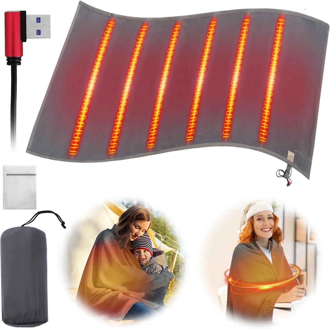 Heated Blanket Electric Throw - USB Battery Power Operated Heating Blanket for Home Outdoor Travel Use