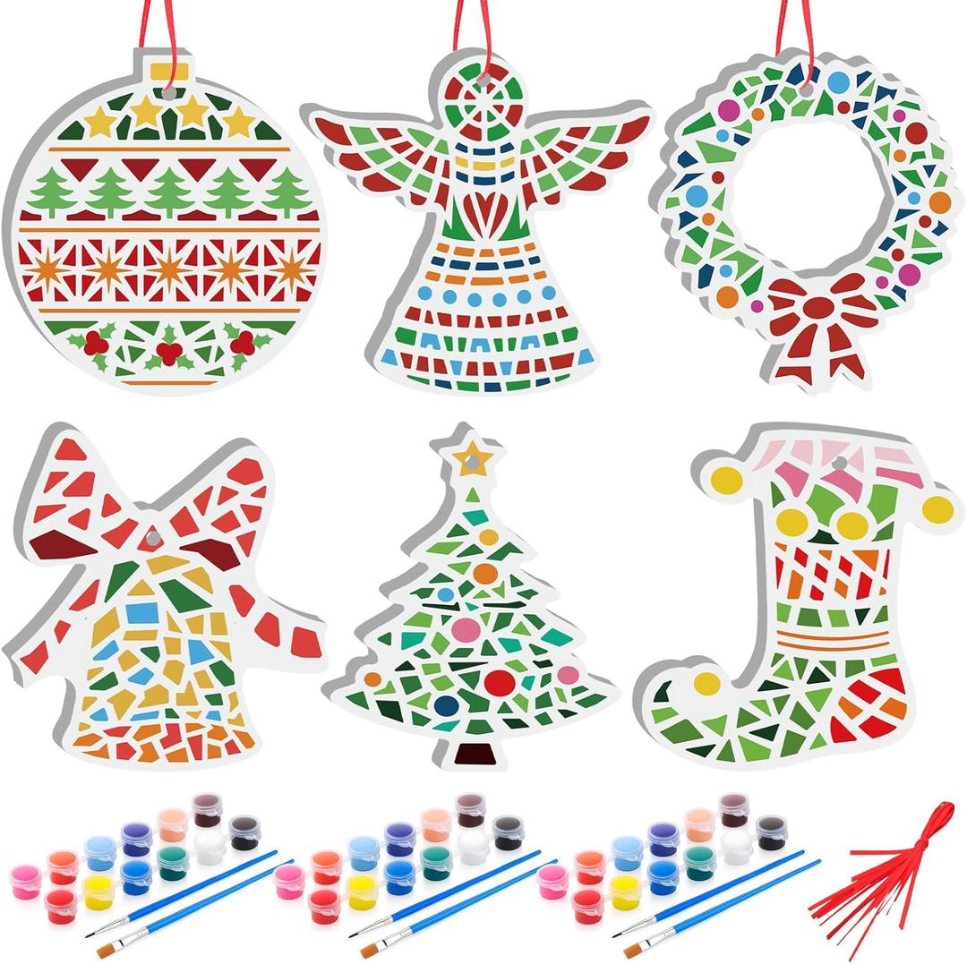Gersoniel 6 Pack Christmas Ceramic Ornaments Painting Crafts Adult Unpainted Christmas Stepping Stone Kit Ready to Paint Mosaic Ceramic Figurines with Paints Brushes DIY Hanging for Holiday Xmas Tree