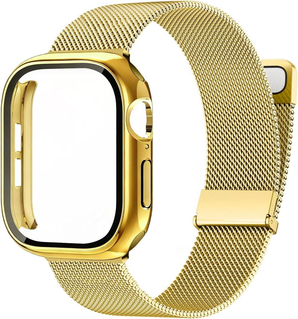 Metal Magnetic Band and Case Compatible with Apple Watch 38mm 40mm 41mm 42mm 44mm 45mm 46mm, Stainless Steel Milanese Mesh Loop Strap with Cover for iWatch Series 11 10 9 8 7 6 5 4 3 2 1 SE