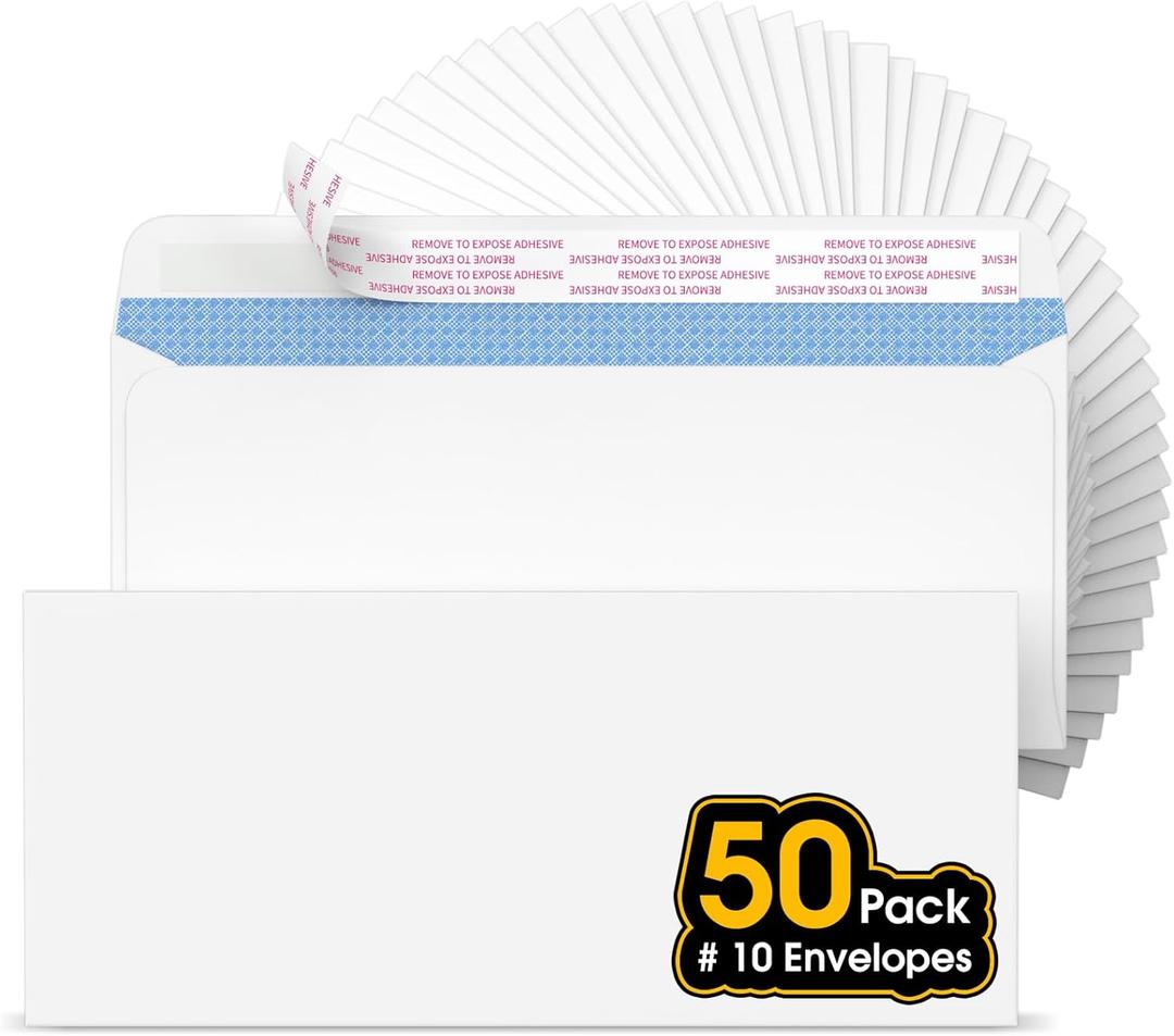 2 x #10 Self Seal Security Envelopes, 50 Count, 4-1/8" x 9-1/2", 24 lb Paper, NO Window, White, Strip and Seal for Privacy & Business