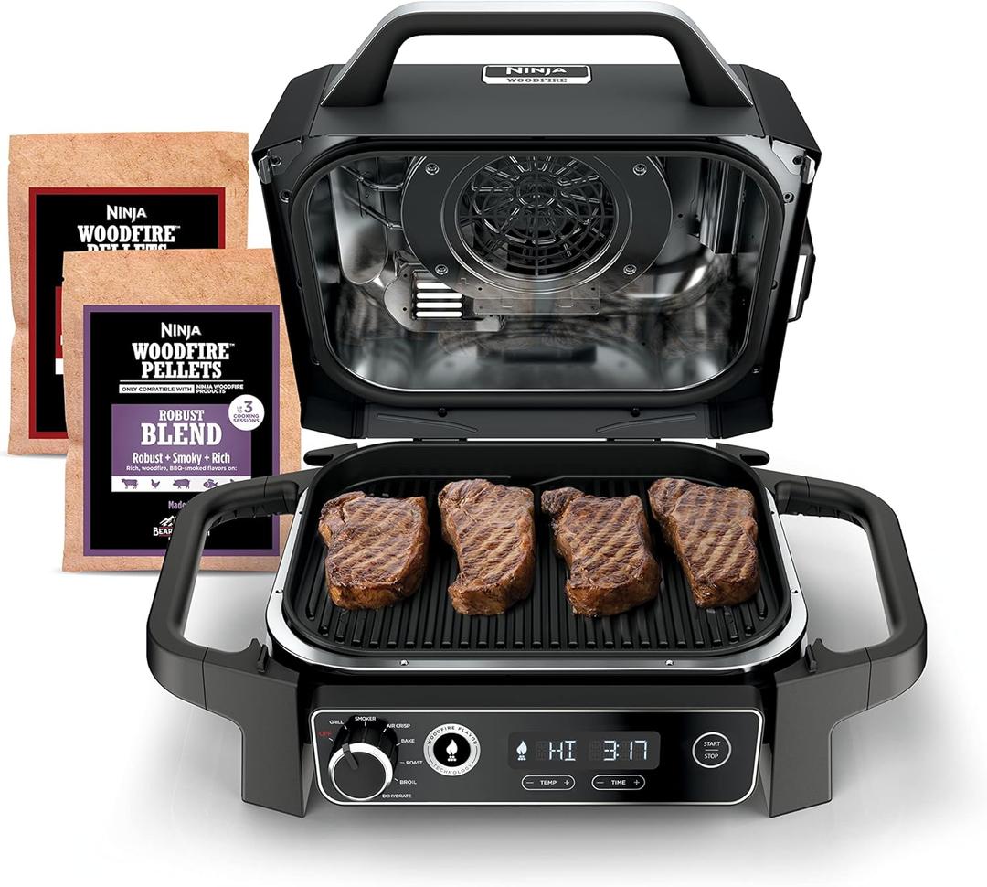 Ninja | Woodfire Series | 7-in-1 (Grill, BBQ, Roast, Air Fry, Dehydrate, Broil, Smoke) | Portable & Weather Resistant | Cook Up To 6 Steaks & 30 Hot Dogs | Woodfire Pellets included | OG701