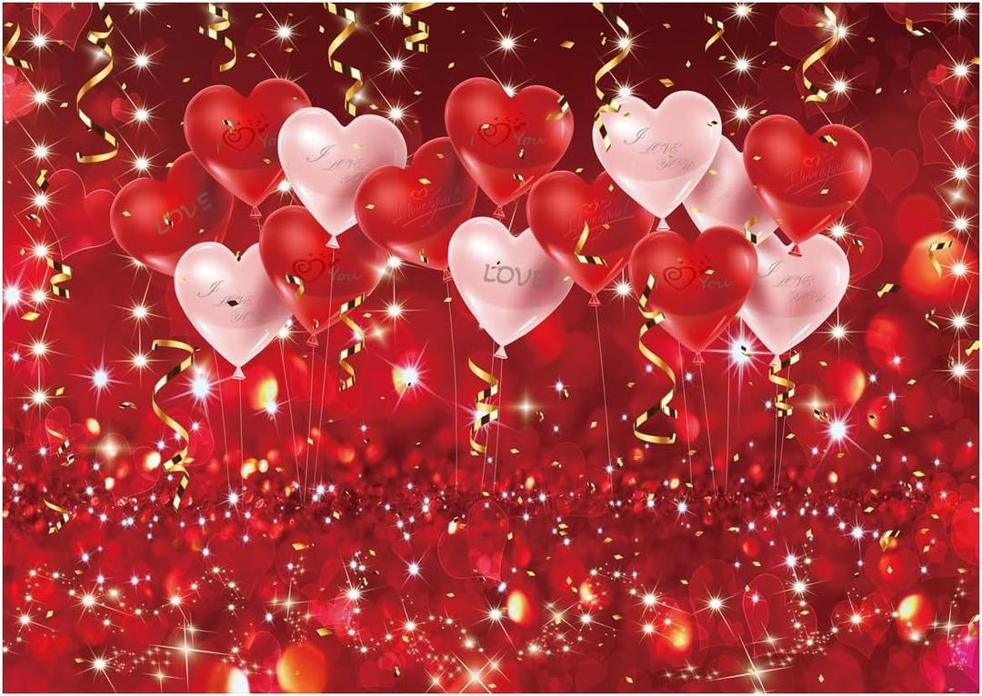 DHXXSC 7X5FT Valentine's Day Photography Backdrop Red and Pink Heart Balloons with Gold Confetti Romantic Love Theme Couple Photo Background DH-352