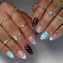 Polka Dot Press on Nails Short Almond Fake Nails Summer Blue Nails Press ons with Design,Reusable Artificial Nail Full Cover Stick on Nails for Women Beach Manicure 24Pcs