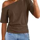 MEROKEETY Women's Off The Shoulder Short Sleeve Tops 2026 Summer Casual Going Out Trendy Y2k T Shirts (Medium, Brown)