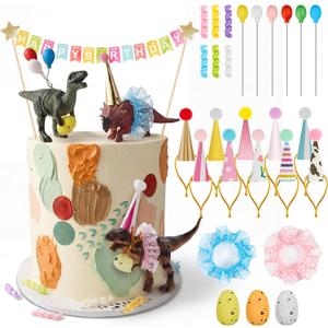 Gemscream 39 Pcs Dinosaur Cake Toppers Party Animal Cake Decorations Dinosaur Figures with Hats Mini Balloons for Birthday Pet Theme Party