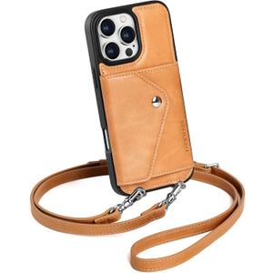 LUCKYCOIN Crossbody Phone Case for iPhone 16 Pro Max, Genuine Leather Wallet Case with Expandable Flip Card Holder, Tan Phone Purse for Women with Adjustable & Removable Strap, Travel/ Shopping/ Parties