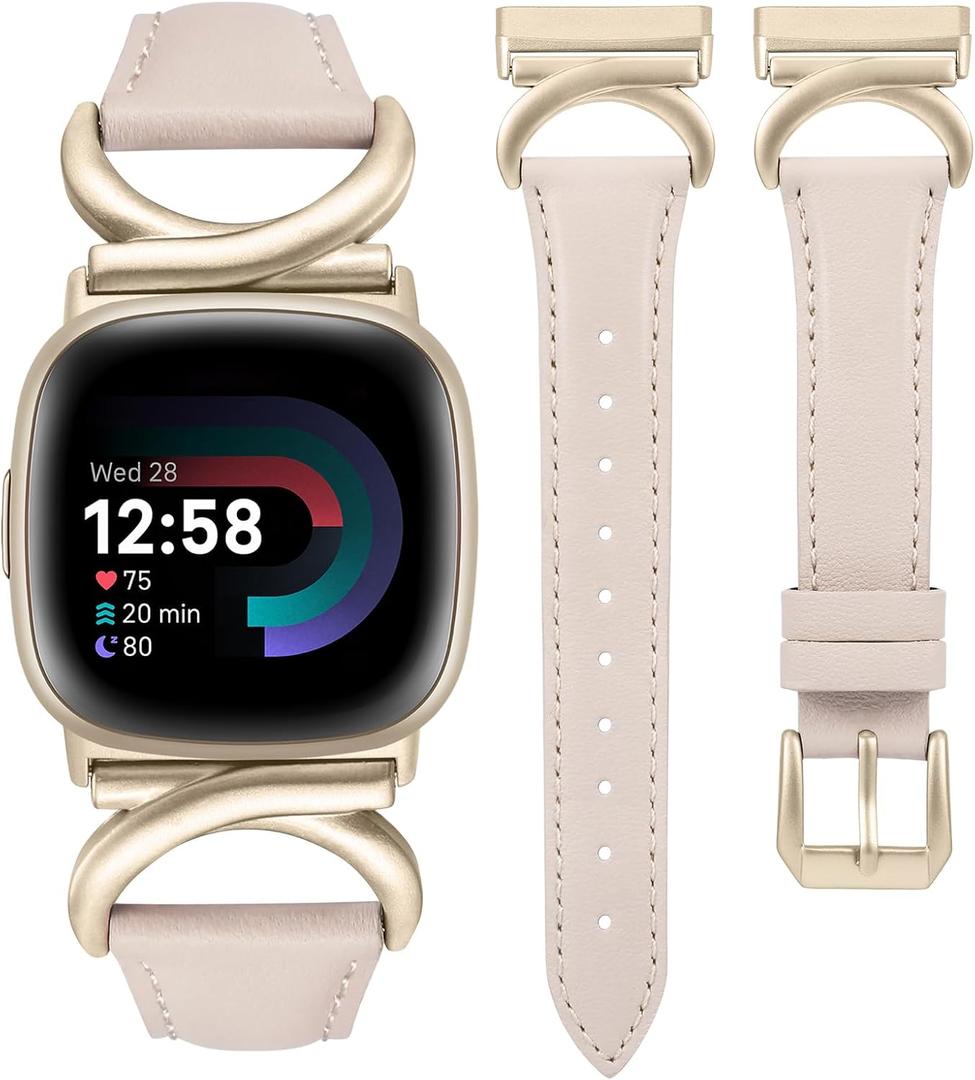 Minyee Leather Bands Compatible with Fitbit Versa 4/Versa 3/Fitbit Sense 2/Sense Band Women, Slim Thin Dressy Designer Premium Leather Strap with C-Shape Metal Buckle for Versa 3 4 Sense 2 Smartwatch