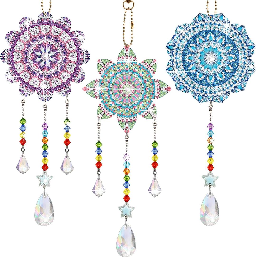 Macarrie 3 Pack Diamond Painting Suncatcher Spring Diamond Art Sets Painting Suncatcher Rhinestone Wind Chime Double Sided Crystal Hang Ornament Flower Crystal Kit Gifts for DIY Window(Fresh Style)
