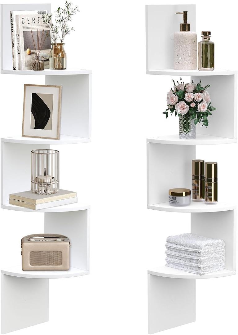 HOOBRO Corner Shelf Wall-Mounted, Set of 2 Floating Corner Shelves for Wall, 4-Tier Corner Bookshelves for Living Room, Bedroom, Bathroom, Home Office, White WT25BJP201 (41.3 Inches)