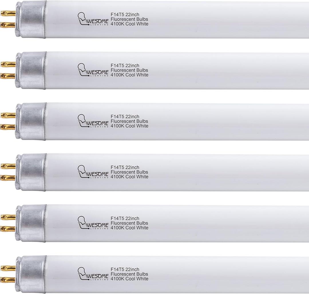 22 Inch F14T5/CW Fluorescent Light Bulb, 4100K Cool White, T5 14 Watt Fluorescent Replacement Bulb for Counter and Cabinet Fixture, G5 Base, 6 Pack