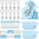 Teling 50 Sets Baby Shower Party Favors Baby Shower Angel Keychains Label Sticker Cards Organza Bags for Baptism Party(Blue)