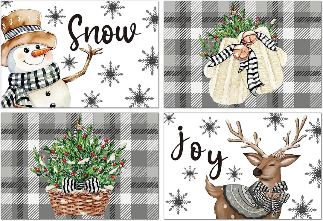 Christmas Placemats Set of 4, Winter Snowman Themed Decoration, Washable Dining Table Mats, Deer Snowflakes Placemats Table Mats for Xmas Party Holiday Home Kitchen Dining Decoration