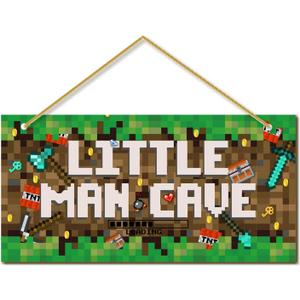 Little Man Cave, Boys Pixel Gaming Room Decor Wooden Door Sign for Gamer Room, Baby Boys Bedroom Wall Decorations for Nursery Toddler Nursery Playroom Wall Art