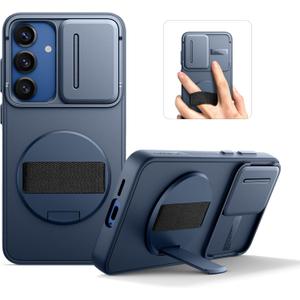 SURITCH for Samsung Galaxy S25 Case with 360 Rotatable Hand Strap Phone Grip & Invisible Kickstand & Slide Camera Cover, Rugged Shockproof Protective Cover for S25 -Dark Blue