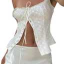 Women Tie Front Tank Top Y2k Sleeveless Button up Shirt Eyelet Floral Embroidery Cami Vest Crop Top (Small)