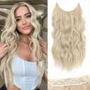 Halo Hair Extensions 20 Inch Invisible Wire Hair Extensions Adjustable Long Wavy Hairpiece Synthetic Upgrade 4 Secure Clips in Hairpieces 20 Inch,Blonde Mix Platinum Blonde
