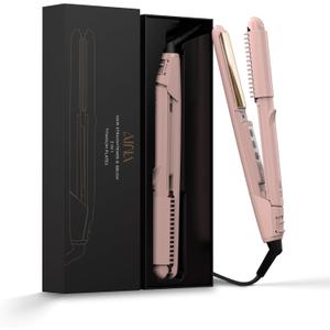 AINA Hair Straightener Brush, Flat Iron | Titanium Plates Dual Voltage Hair Straightening Curling Iron 2 in1 | Resolve Tangled frizz (Pink)