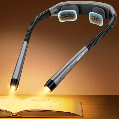 Glocusent Ergonomic Reading Light, 1600mAh Rechargeable Book Light for 100 Hrs - 3 Colors & 5 Brightness, Neck Light with Timers, Sleep Aid & Travel Lock, Perfect for Reading, Knitting & Craft 