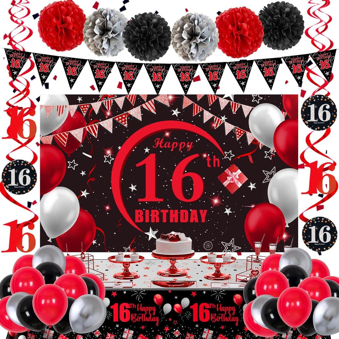 16th Birthday Decorations for Boys Girls Red and Black, Happy 16th Birthday Backdrop Banner, 16 Birthday Party Decorations Balloons Triangle Flag Tablecloth, 16 Year Old Boy Girl Bday Party Supplies