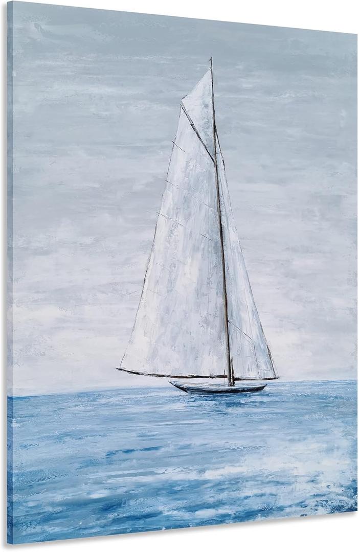 Yihui Arts Coastal Canvas Wall Art - Blue and White Nautical Boat Painting for Bathroom, Living Room, Bedroom, and Hallway Decor (24"L x 16"W)