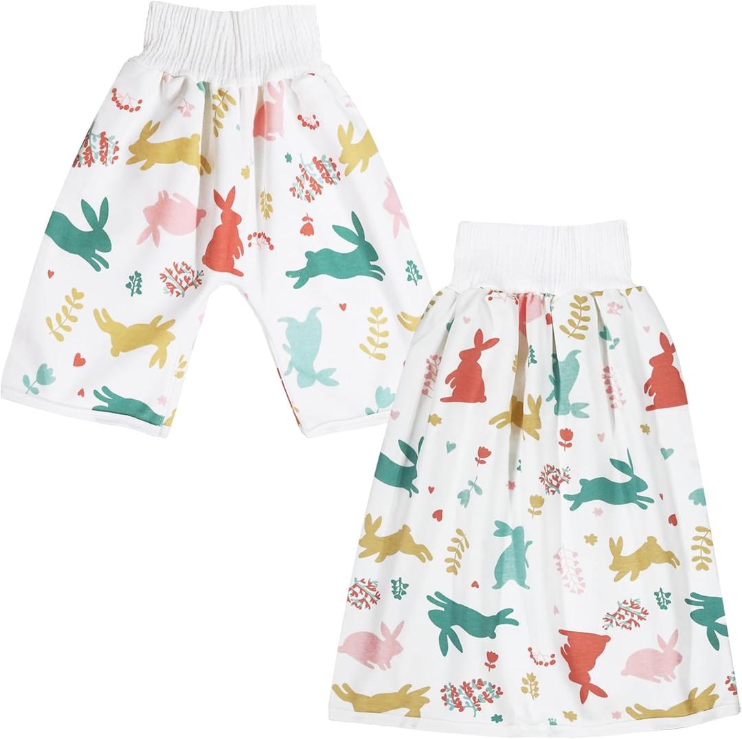 Waterproof Diaper Pants for Baby Kids, 2 Packs Absorbent Toddler Potty Training Pants Boys Girls Use Day Night (Rabbit Pant + Skirt L)