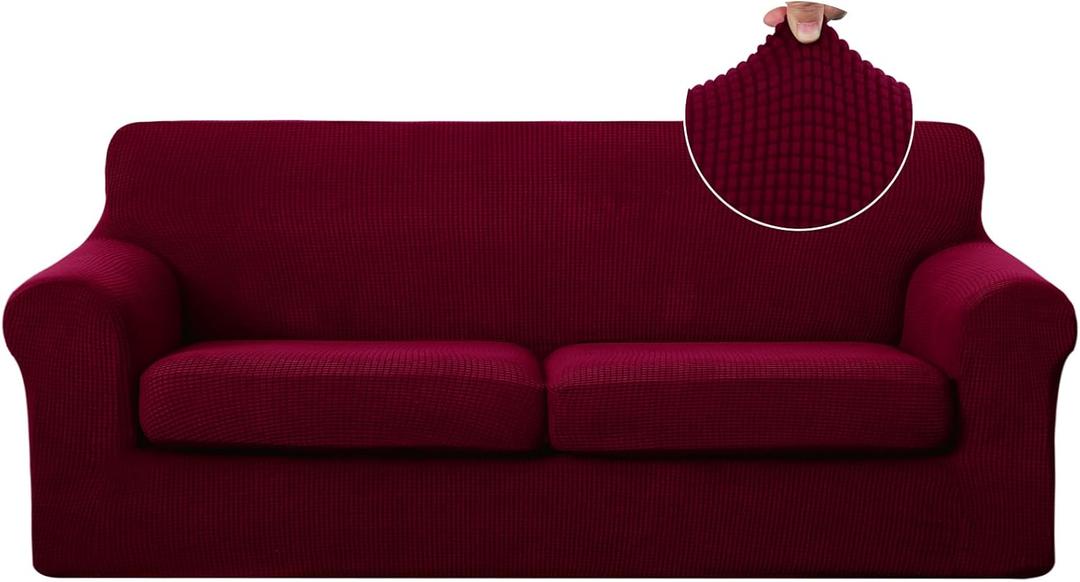 U-NICE HOME 3 Pieces Stretch Couch Cover Sofa Cover Washable Sofa Slipcover with Individual Seat Cushion for 2 Cushion Couch Sofa Pet Friendly(Sofa 2 Seat, Burgundy)