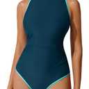 RXRXCOCO Women Tummy Control One Piece Swimsuit Ruched Slimming Bathing Suit Color Block High Neck Full Coverage Swimwear Medium
