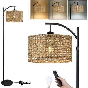 Arc Floor Lamp for Living Room with Remote Control,Farmhouse Boho Floor Lamps with 3 Color Temperature,Rustic Standing Lamp with Rattan Wicker Shades,Adjustable Tall Lamp for Bedroom,Office,Reading