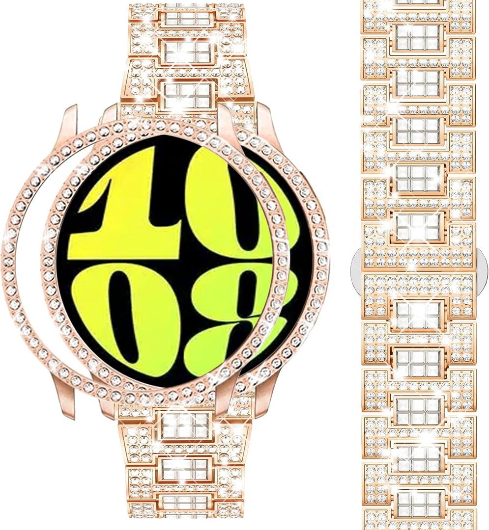Dsytom Stylish Bands Compatible with Samsung Galaxy Watch 7/6 40mm 44mm, 20mm Bling Metal Replacement Galaxy Watch 7/6 Band 40mm 44mm with Rhinestone Protective Case for Women (Rose Gold)