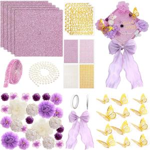 Wavwavw 58 Pcs DIY Graduation Cap Decorations Kit Grad Cap Decor Included Faux Flowers Bow Mesh 3D Butterfly Stickers, Adhesive Rhinestones, Glitter Letter Stickers, for 2026 Grad Party(Purple)