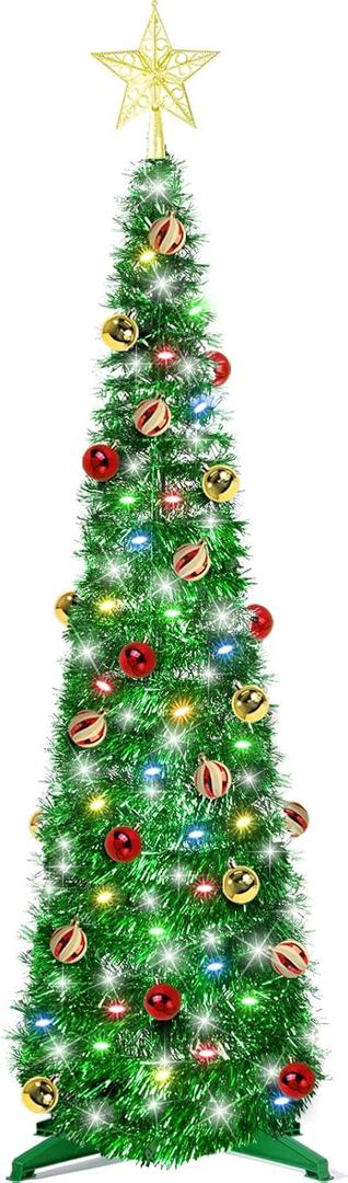 5 Ft Tinsel Christmas Tree with Timer 4 Modes 60 Warm White & Multi Color Change Lights 25 Ball Ornaments 3D Star Battery Operated Pop Up Artificial Tree Xmas Decoration Home Decor (Green)
