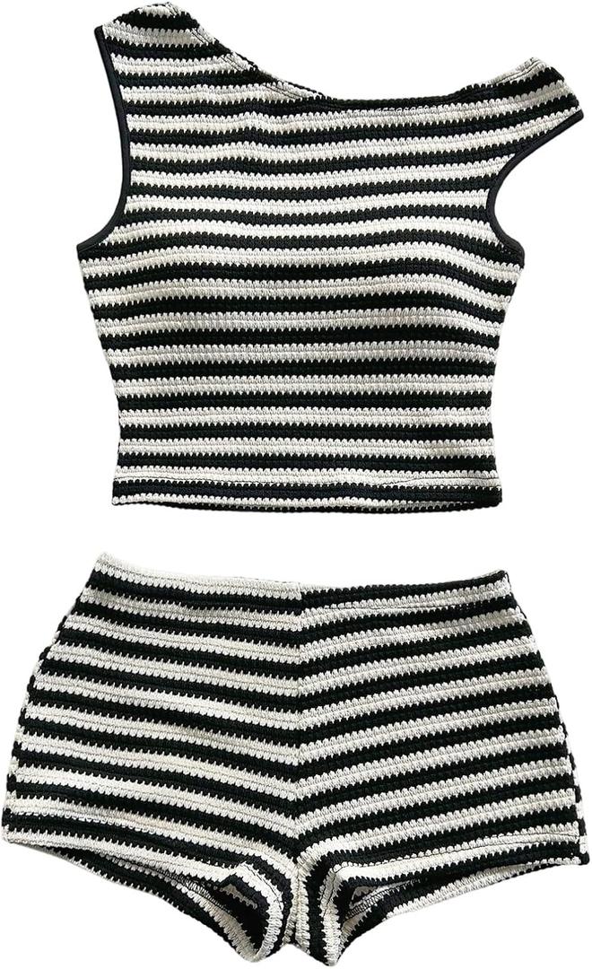 Verdusa Women's 2 Piece Striped Set Off The Shoulder Crop Tops and Mini Shorts Two Piece Going Out Vacation Outfits (Medium, Black)