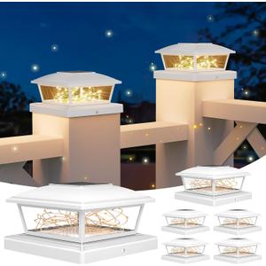 VOLISUN Solar Post Cap Lights Outdoor 6Pack, White Fence Cap Lights Solar Powered Fits 4x4 6x6 Wooden/4x4 5x5 Vinyl Post, Firefly filaments Lighting for Garden/Patio/Porch,with Warm White