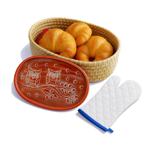 Bread Warmer Basket with Terracotta Stone – Includes Oven Mitts – Keeps Bread Warm – Rustic Gift for Holidays, Housewarming, Dinner Parties – Handwoven Natural Look – Kitchen Table Accessory