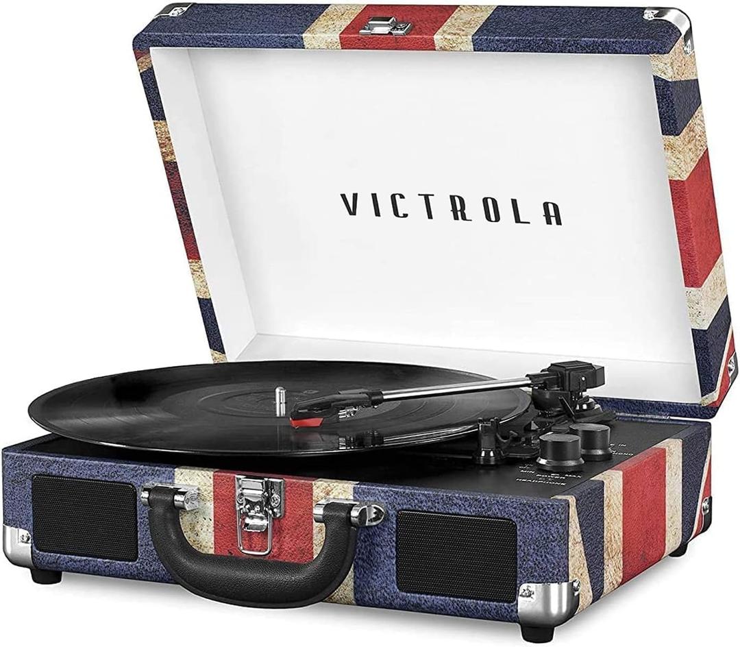 Victrola Journey Bluetooth Portable Suitcase Record Player with Built-in Speakers, 3 Speed Vinyl Record Player, RCA Out, Headphone Jack (UK Flag)