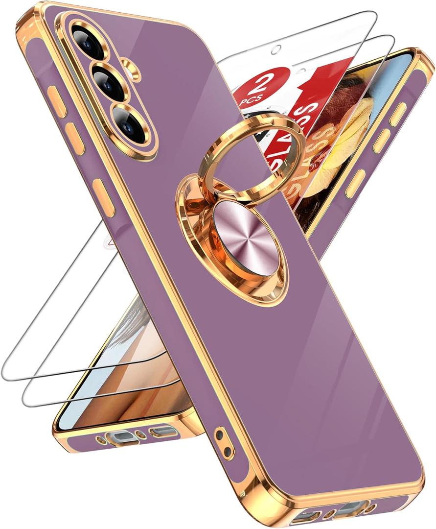 LeYi for Galaxy A37-5G Phone Case: with 2 Pack Tempered Glass Screen Protector and 360 Rotatable Ring Holder Magnetic Kickstand, Plating Rose Gold Edge for Samsung A 37 5G Case, Purple