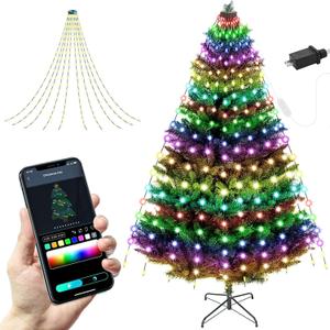 Christmas Tree String Lights Decorations with Ring Smart APP, 200 LED Waterfall Lights IP65 Waterproof Multi-Modes with Remote Color Changing Lights for Wedding Yard Party Home Holiday