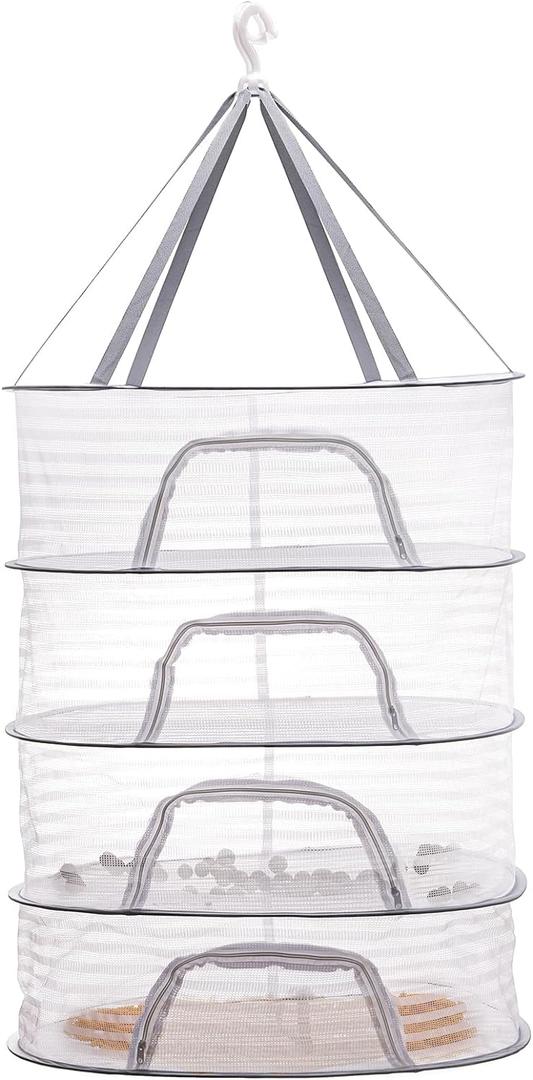Coloch 4 Layer Herb Drying Rack with Zipper, Hanging Mesh Net Collapsible Food Drying Fish Net Hanging Basket Dryer Net for Seeds, Buds, Fruits, Vegetables, Herbs, Fish, Clothes, Doll