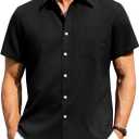 Alimens & Gentle Mens Linen Shirts Short Sleeve Button Down Shirts Wrinkle Free Casual Vacation Beach Summer Tops (Large, Black)