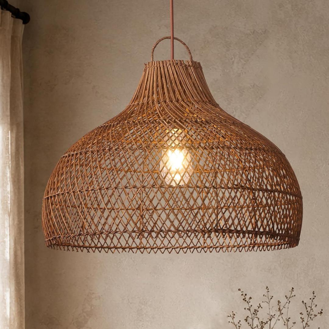 18.9" Rattan Chandelier Light Fixture, Boho Hand Woven Wicker Pendant Light, Rustic Basket Wicker Hanging Lamp for Kitchen Island, Dining room, Living Room, Bedroom, Entryway, Restaurant, Balcony